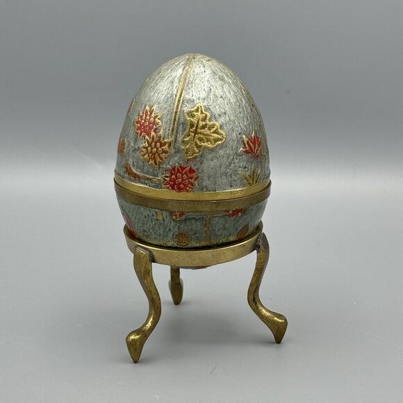 Vtg Handpainted Raised Floral Brass 2 Pc Egg Trinket Box with Brass Stand 5 inch - Picture 4 of 11
